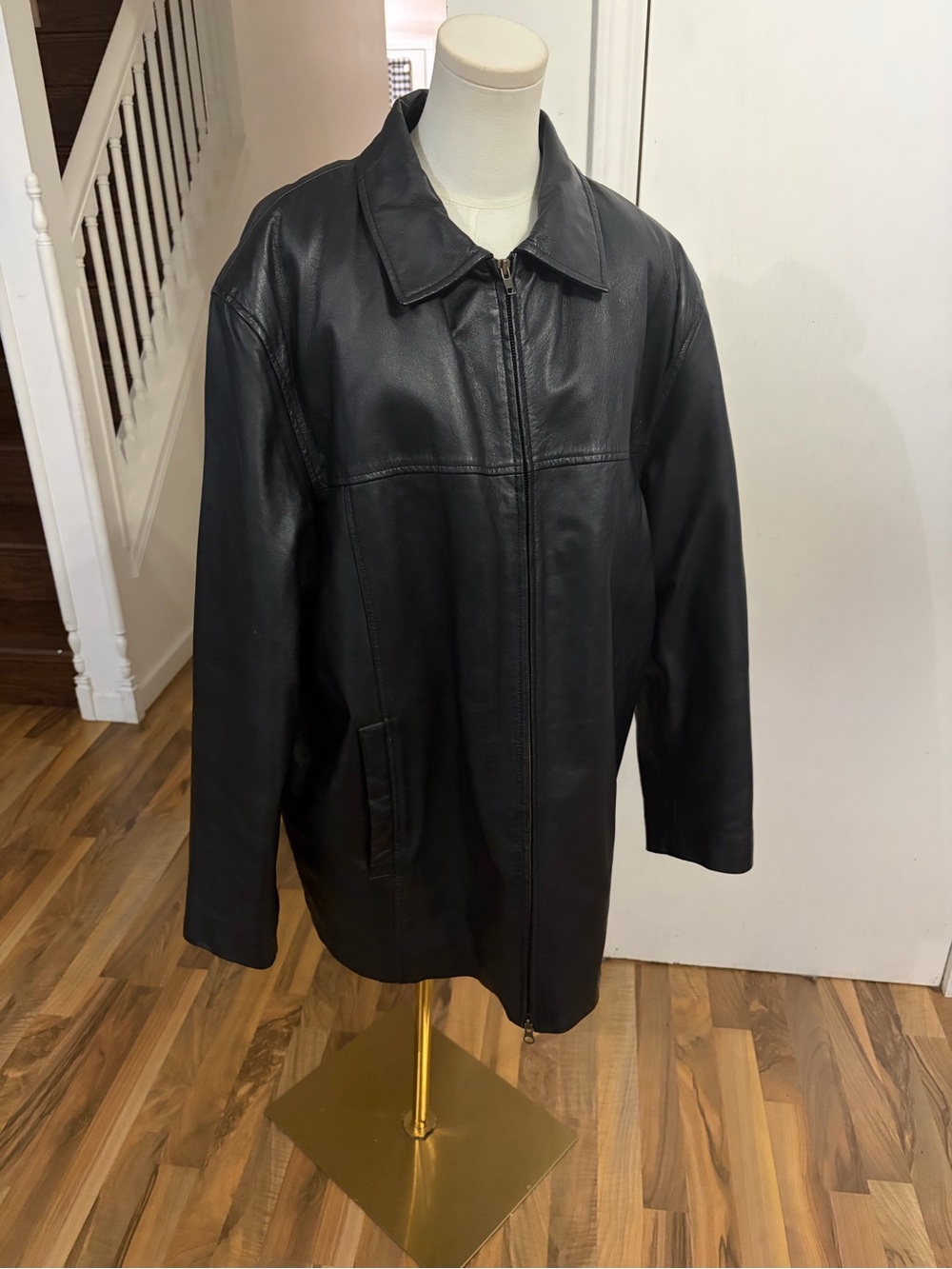 Vintage Oversized Genuine Smooth Black Leather Zip-Front Coat, XL, EUC